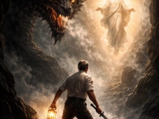 Mann mit Schwert vor Drache und Lichtgestalt