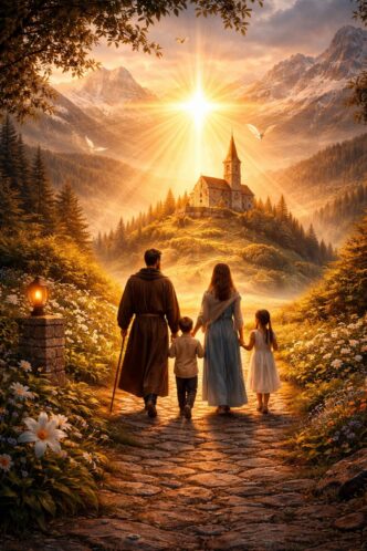 Familie auf Weg zu Kirche in Alpenlandschaft