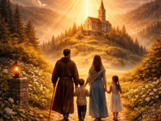 Wiederentdeckung der Religion - Christentum Familie auf Weg zu Kirche in Alpenlandschaft