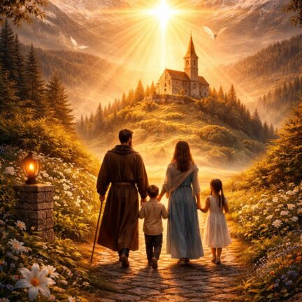 Familie auf Weg zu Kirche in Alpenlandschaft
