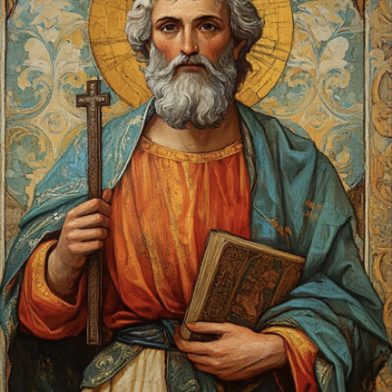 Religiöse Ikonenmalerei mit Heiligenschein und Kreuz, Buch , Heiliger Apostel Thomas