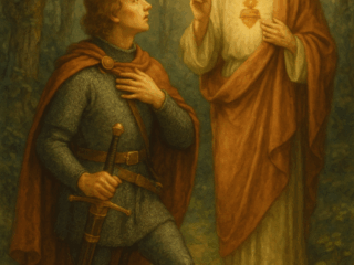 Heiliger Mann spricht zu einem Ritter im Wald.