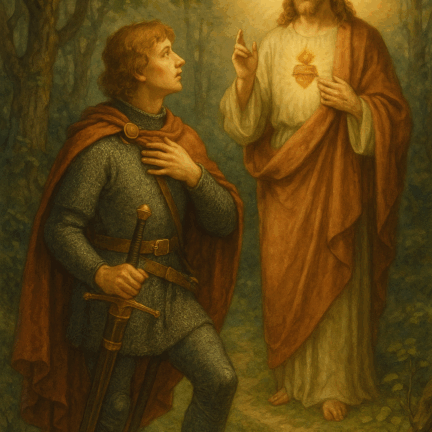 Heiliger Mann spricht zu einem Ritter im Wald.