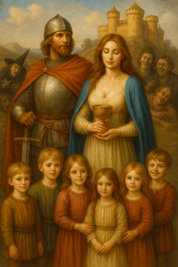 Parzival and the Grail bearer with their children after defeating the witch and eunuchs