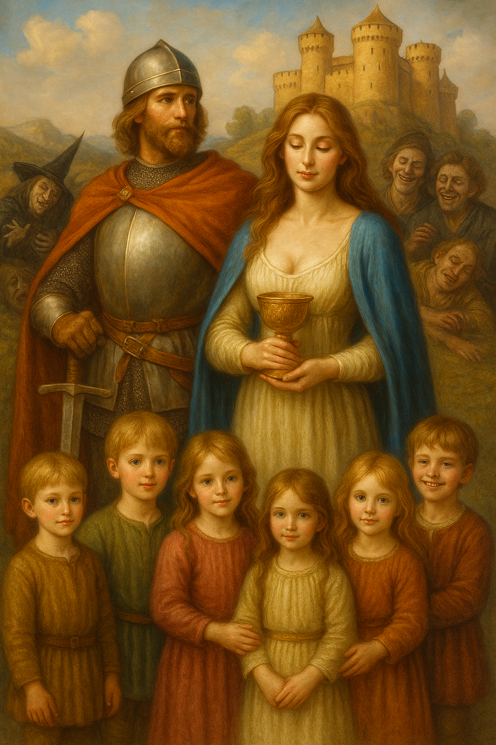 Parzival and the Grail bearer with their children after defeating the witch and eunuchs