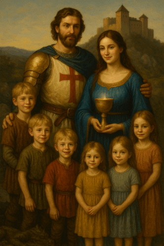 Mittelalterliche Familie vor einer Burg