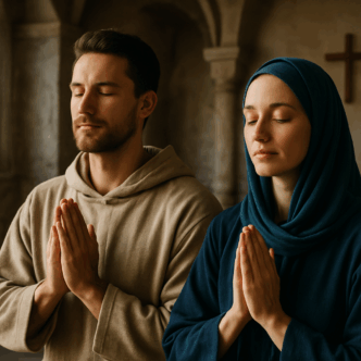 Menschen beim stillen Gebet in historischer Umgebung.