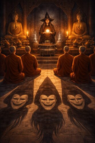 Mönche vor einer mystischen Gestalt mit Kristallkugel