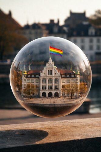 Gebäudespiegelung in schwebender Glaskugel - die woke Bubble der stadt zürich