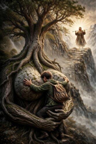 Mensch umarmt riesigen Baum mit Gesicht