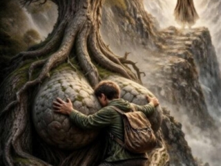 Initiationsritual in der Moderne Mensch umarmt riesigen Baum mit Gesicht
