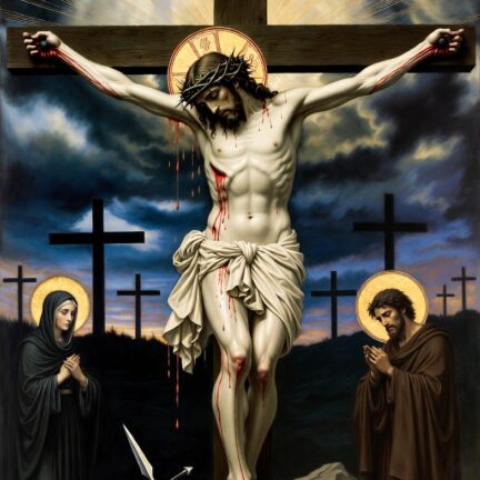 Kreuzigung Jesu mit Heiligen im Hintergrund