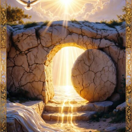 Leeres Grab mit strahlendem Licht und Taube