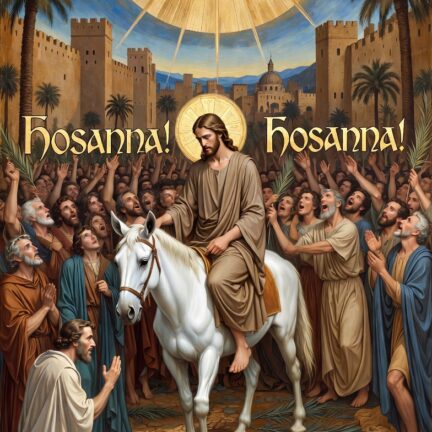 Jesus reitet auf einem Esel in Jerusalem ein