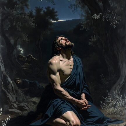 Mann betet in einem dunklen Wald