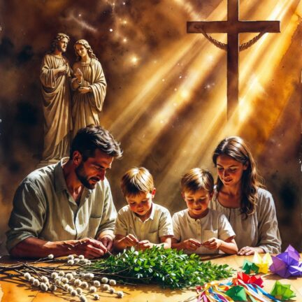 Familie bastelt mit Naturmaterialien am Tisch