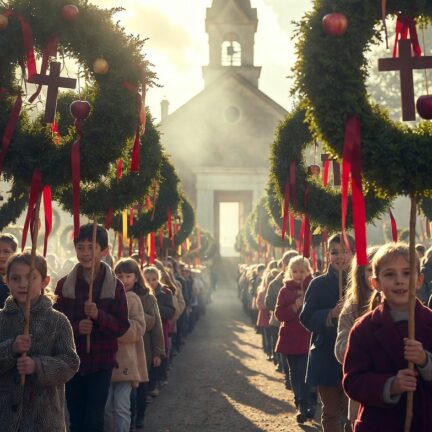 Kinder tragen Kr&auml;nze bei Prozession