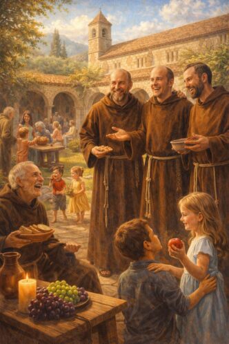 Fröhliche Mönche teilen Essen mit Kindern