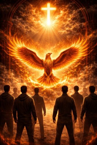 Feuervogel unter leuchtendem Kreuz emporsteigend