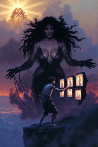 Düstere Gestalt und geketteter Mann vor Bildschirmen. Ewiger Junge - Puer Aeternus