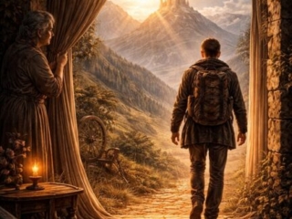 Volljährigkeit Mann geht in Richtung Bergschloss im Sonnenuntergang