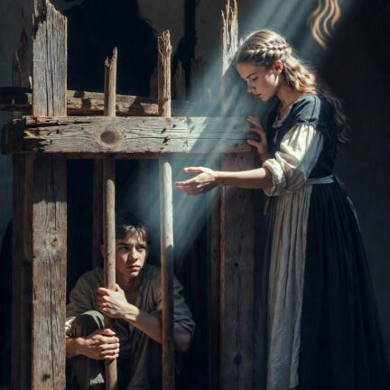 Frau reicht Gefangenem Hand durch Holzgittersperre