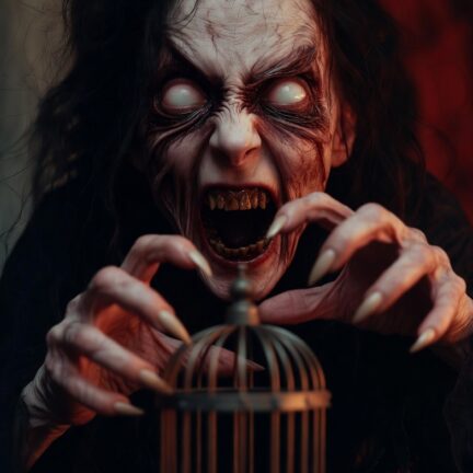 Gruselige Kreatur mit Krallen vor kleinem K&auml;fig