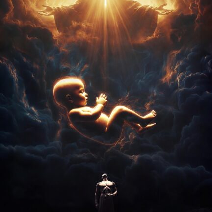 Das Jesuskind - Die Angst vor der Regression in den infantilen Zustand Leuchtende Christusfigur über schwebendem Baby in Wolken