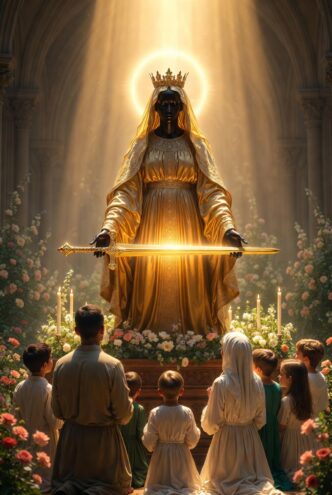 Gekrönte Madonna mit leuchtendem Schwert im Altarraum