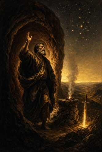 Bärtiger Mann verlässt Höhle unter Sternenhimmel neben leuchtendem Schwert