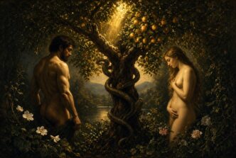 Adam und Eva am Apfelbaum mit Schlange