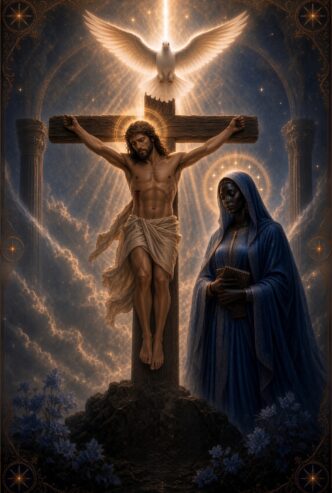 Jesus am Kreuz mit Maria und leuchtender Taube