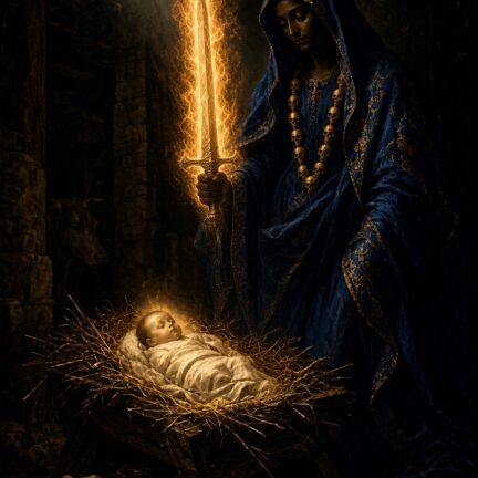 Das Jesuskind – Kleiner als klein, grösser als gross - Das Paradoxon des Jesuskindes im kollektiven Unbewussten Gekrönte Gestalt mit Flammenschwert neben schlafendem Baby