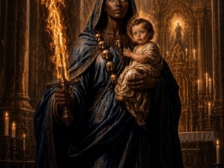 Gekr&ouml;nte Madonna mit Kind und flammendem Schwert in Kathedrale