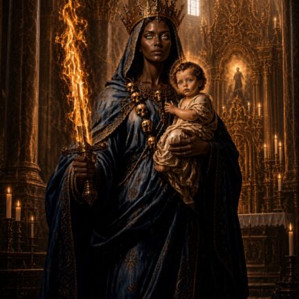 Gekr&ouml;nte Madonna mit Kind und flammendem Schwert in Kathedrale