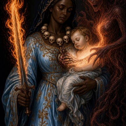 Die Schwarze Madonna als Hüterin -Kraft des reinen Leidens, der mystischen Liebe, die das Böse an seiner Wurzel vernichtet und das Jesuskind im Urgrund der Seele zeugt, selbst wenn die Welt brennt! Gekrönte Mutter mit Kind, Schwert und feuergestaltigem Dämon